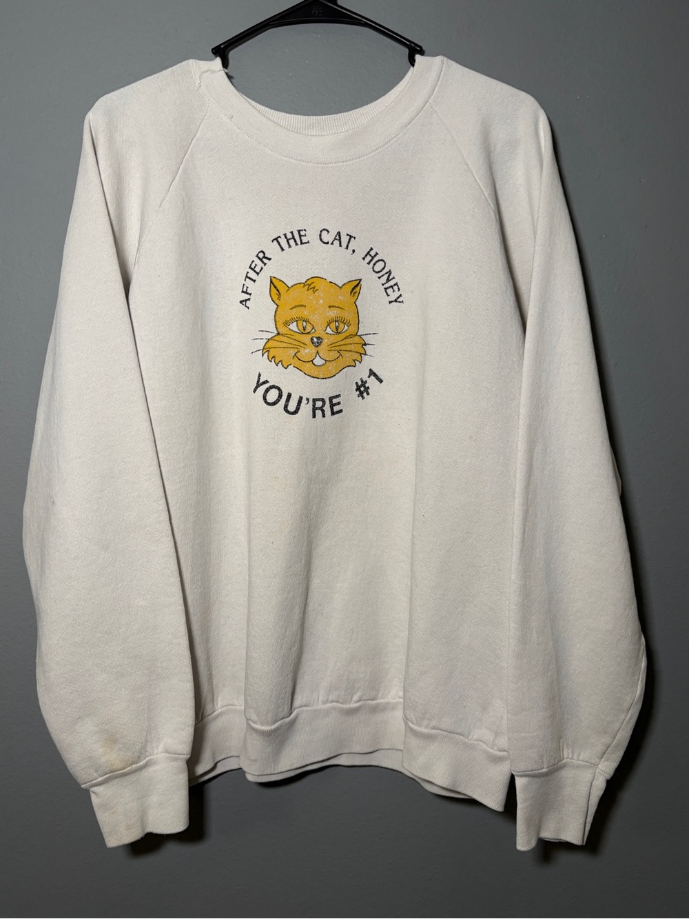 Fruit of the Loom Cream Crewneck Sweatshirt with Yellow Cat Graphic